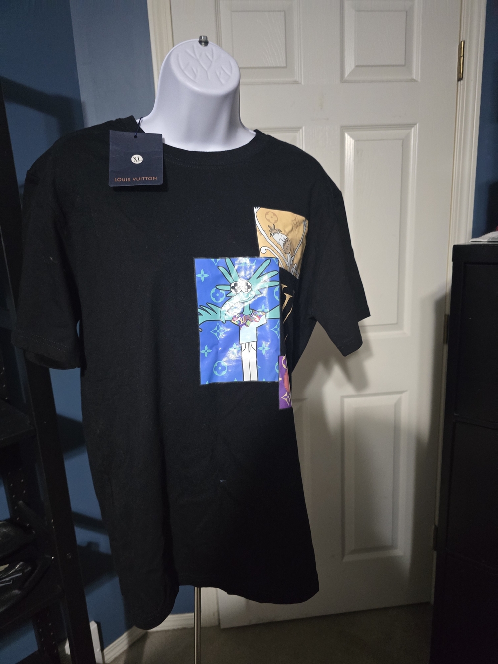Louis Vuitton Black Short-Sleeve Tee with Blue and Cream Graphic Panels